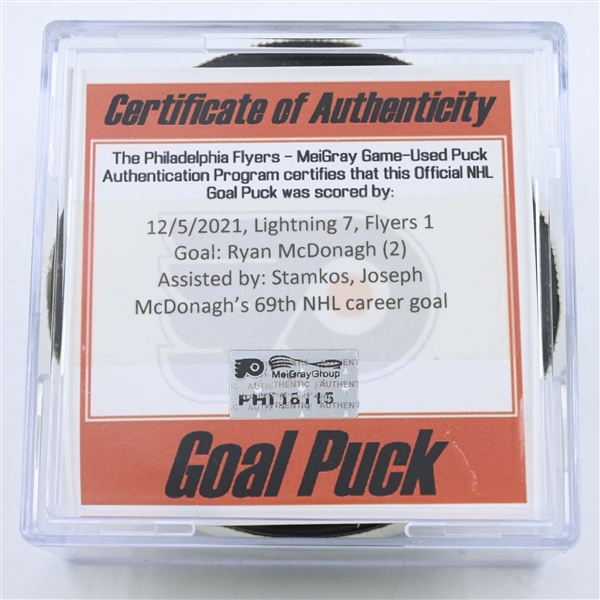 Ryan McDonagh - Tampa Bay Lightning - Goal Puck - December 5, 2021 vs. Philadelphia Flyers (Flyers Logo)