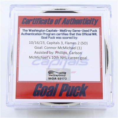 Connor McMichael - Washington Capitals - Goal Puck - October 16, 2023 vs. Calgary Flames (Capitals Logo)
