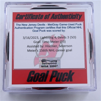 Timo Meier - New Jersey Devils - Goal Puck - March 16, 2023 vs. Tampa Bay Lightning (Devils 40th Anniversary Logo)