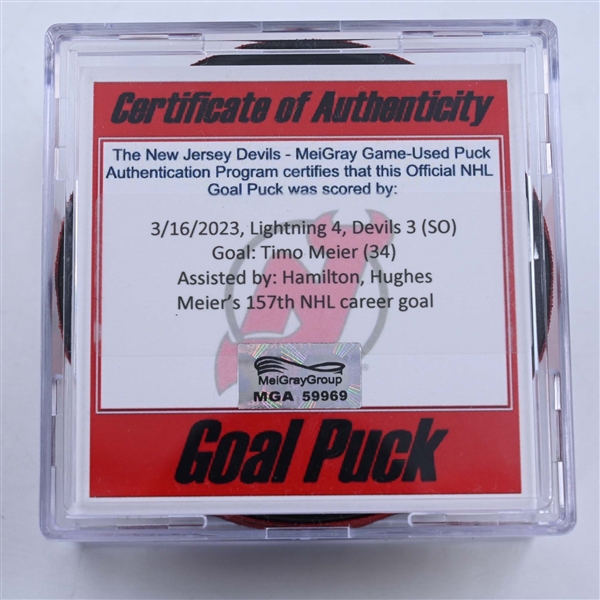 Timo Meier - New Jersey Devils - Goal Puck - March 16, 2023 vs. Tampa Bay Lightning (Devils 40th Anniversary Logo)