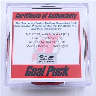 Timo Meier - New Jersey Devils - Goal Puck - March 21, 2023 vs. Minnesota Wild (Devils 40th Anniversary Logo)