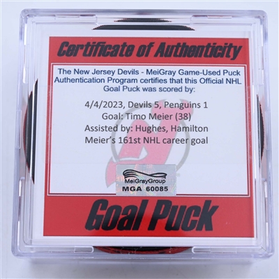 Timo Meier - New Jersey Devils - Goal Puck - April 4, 2023 vs. Pittsburgh Penguins (Devils 40th Anniversary Logo)