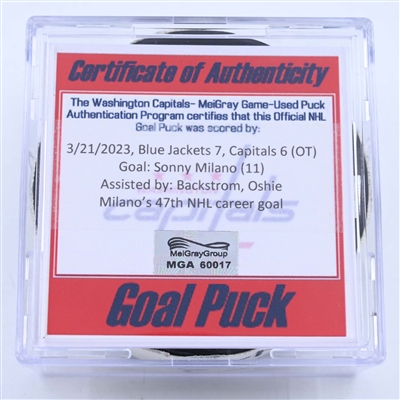Sonny Milano - Washington Capitals - Goal Puck - March 21, 2023 vs. Columbus Blue Jackets (Capitals Logo)