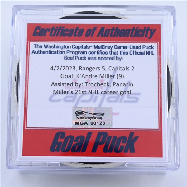 KAndre Miller - New York Rangers - Goal Puck - April 2, 2023 vs. Washington Capitals (Capitals Logo)