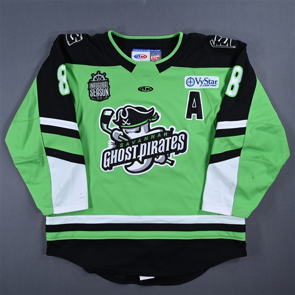 Spencer Naas - Savannah Ghost Pirates - Game-Worn Green w/A & Inaugural Season Patch Autographed Jersey