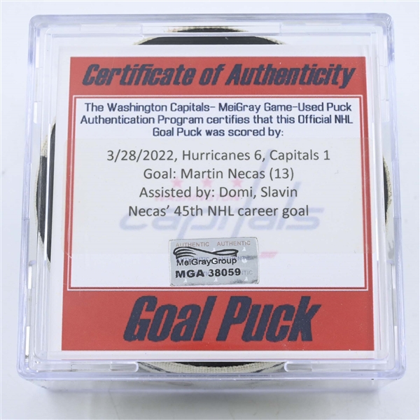 Martin Necas - Carolina Hurricanes - Goal Puck - March 28, 2022 vs. Washington Capitals (Capitals Logo) 