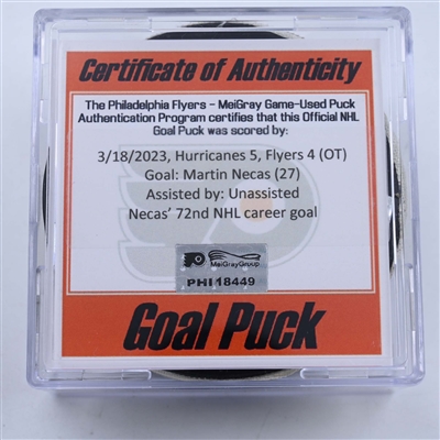Martin Necas - Carolina Hurricanes - Goal Puck - March 18, 2023 vs. Philadelphia Flyers (Flyers Logo)