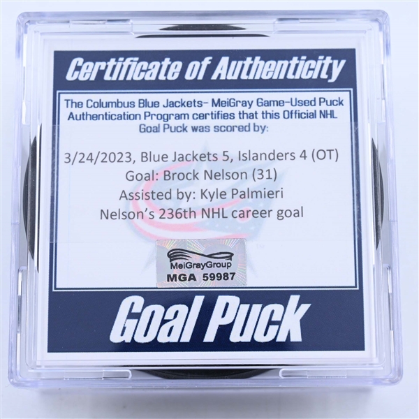 Brock Nelson - New York Islanders - Goal Puck - March 24, 2023 vs. Columbus Blue Jackets (Blue Jackets Logo)