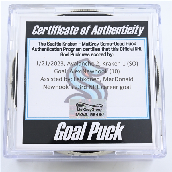 Alex Newhook - Colorado Avalanche - Goal Puck -  January 21, 2023 vs. Seattle Kraken (Kraken Logo)