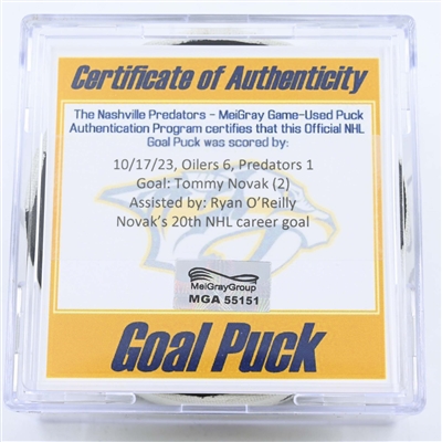 Tommy Novak - Nashville Predators - Goal Puck - October 17, 2023 vs. Edmonton Oilers (Predators 25th Anniversary Logo)