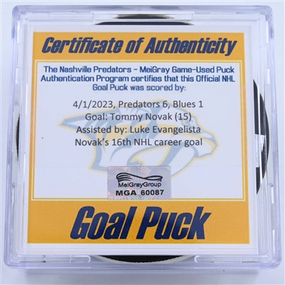 Tommy Novak - Nashville Predators - Goal Puck - April 1, 2023 vs. St. Louis Blues (Predators Logo)