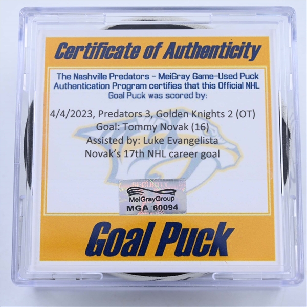 Tommy Novak - Nashville Predators - Goal Puck - April 4, 2023 vs. Vegas Golden Knights (Predators Logo)