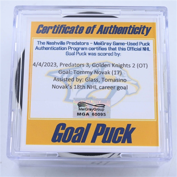 Tommy Novak - Nashville Predators - Goal Puck - April 4, 2023 vs. Vegas Golden Knights (Predators Logo)