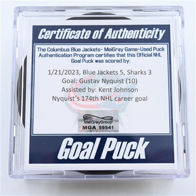 Gustav Nyquist - Columbus Blue Jackets - Goal Puck -  January 21, 2023 vs. San Jose Sharks (Blue Jackets Logo)
