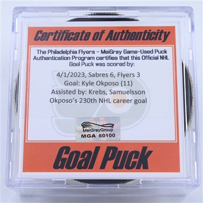 Kyle Okposo - Buffalo Sabres - Goal Puck - April 1, 2023 vs. Philadelphia Flyers (Flyers Logo)