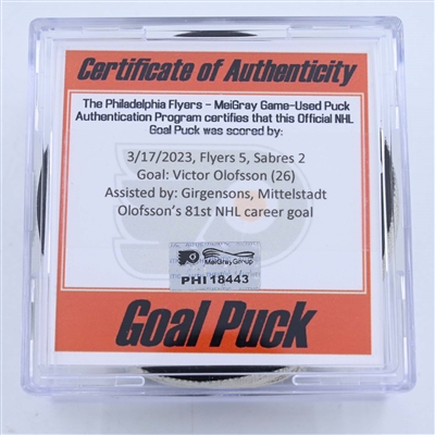 Victor Olofsson - Buffalo Sabres - Goal Puck - March 17, 2023 vs. Philadelphia Flyers (Flyers Logo)