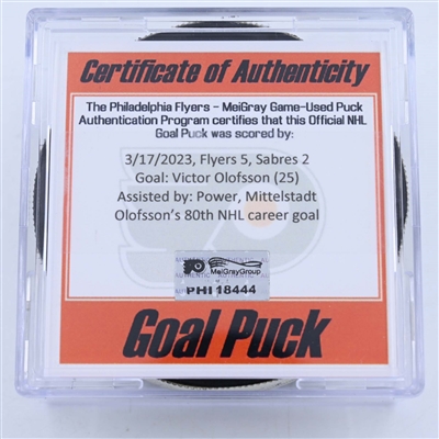 Victor Olofsson - Buffalo Sabres - Goal Puck - March 17, 2023 vs. Philadelphia Flyers (Flyers Logo)
