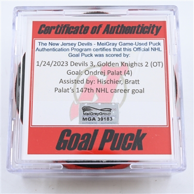 Ondrej Palat - New Jersey Devils - Goal Puck -  January 24, 2023 vs. Vegas Golden Knights (Devils 40th Anniversary Logo)