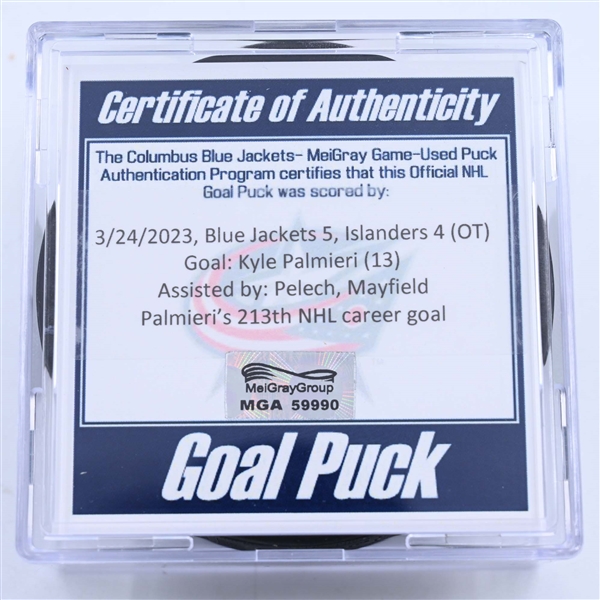 Kyle Palmieri - New York Islanders - Goal Puck - March 24, 2023 vs. Columbus Blue Jackets (Blue Jackets Logo)