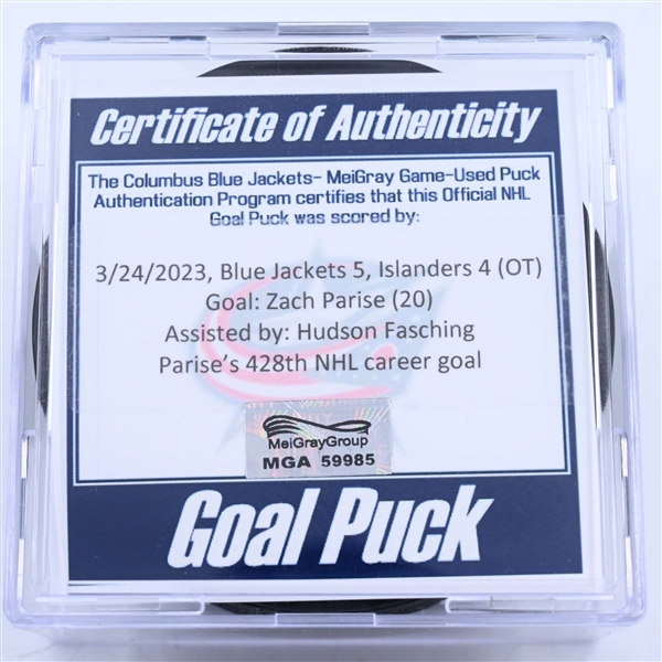 Zach Parise - New York Islanders - Goal Puck - March 24, 2023 vs. Columbus Blue Jackets (Blue Jackets Logo)