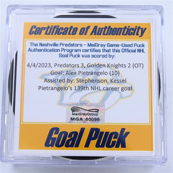 Alex Pietrangelo - Vegas Golden Knights - Goal Puck - April 4, 2023 vs. Nashville Predators (Predators Logo)