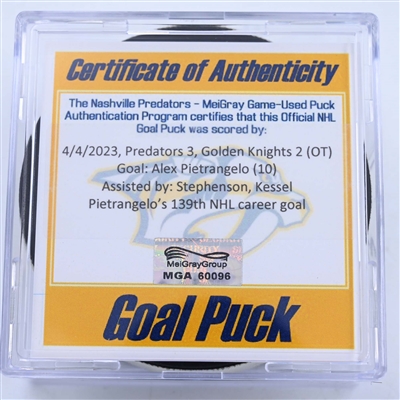 Alex Pietrangelo - Vegas Golden Knights - Goal Puck - April 4, 2023 vs. Nashville Predators (Predators Logo)