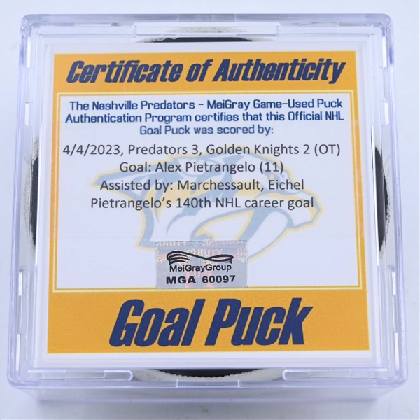 Alex Pietrangelo - Vegas Golden Knights - Goal Puck - April 4, 2023 vs. Nashville Predators (Predators Logo)