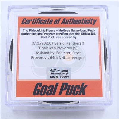 Ivan Provorov - Philadelphia Flyers - Goal Puck - March 21, 2023 vs. Florida Panthers (Flyers Logo)