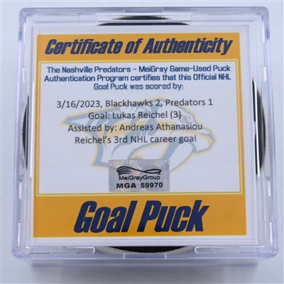 Lukas Reichel - Chicago Blackhawks - Goal Puck - March 16, 2023 vs. Nashville Predators (Predators Logo)