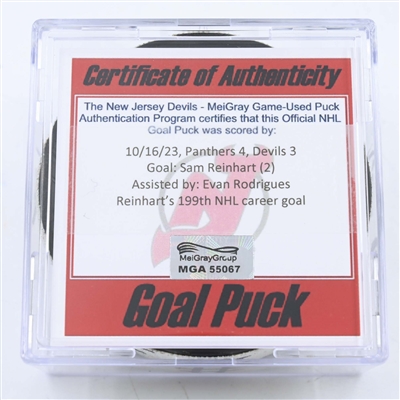 Sam Reinhart - Florida Panthers - Goal Puck - October 16, 2023 vs. New Jersey Devils (Devils Logo)