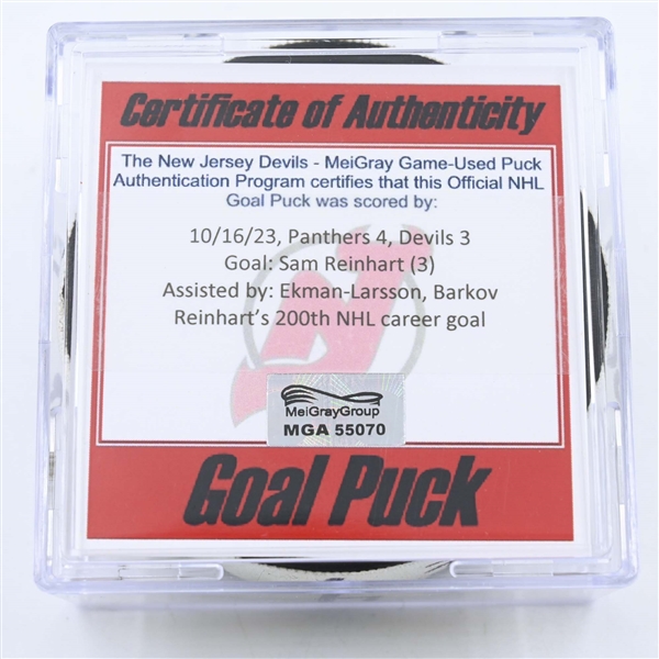 Sam Reinhart - Florida Panthers - Goal Puck - October 16, 2023 vs. New Jersey Devils (Devils Logo)