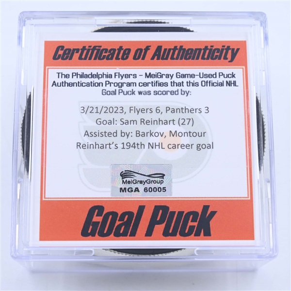 Sam Reinhart - Florida Panthers - Goal Puck - March 21, 2023 vs. Philadelphia Flyers (Flyers Logo)