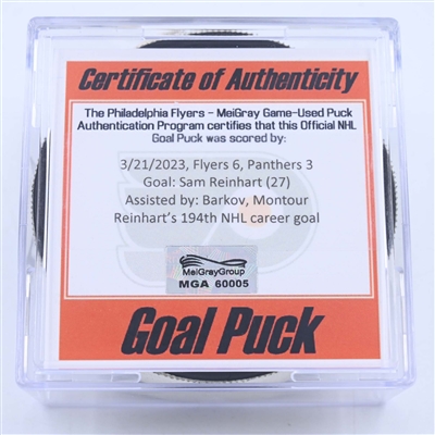Sam Reinhart - Florida Panthers - Goal Puck - March 21, 2023 vs. Philadelphia Flyers (Flyers Logo)