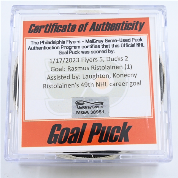 Rasmus Ristolainen - Philadelphia Flyers - Goal Puck -  January 17, 2023 vs. Anaheim Ducks (Flyers Logo)
