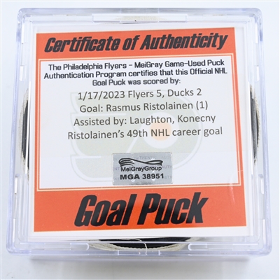 Rasmus Ristolainen - Philadelphia Flyers - Goal Puck -  January 17, 2023 vs. Anaheim Ducks (Flyers Logo)
