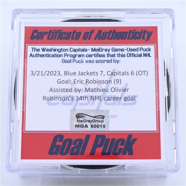 Eric Robinson - Columbus Blue Jackets - Goal Puck - March 21, 2023 vs. Washington Capitals (Capitals Logo)