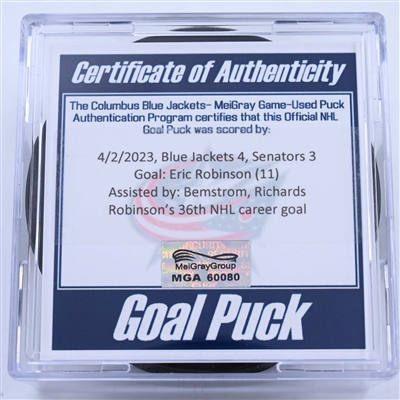 Eric Robinson - Columbus Blue Jackets - Goal Puck - April 2, 2023 vs. Ottawa Senators (Blue Jackets Logo)