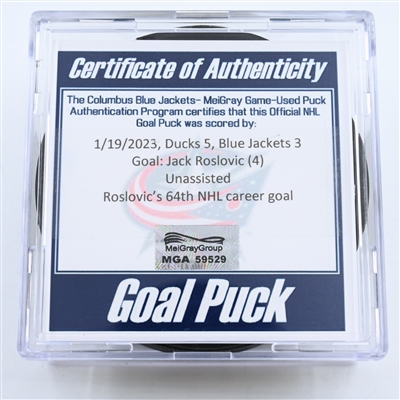 Jack Roslovic - Columbus Blue Jackets - Goal Puck -  January 19, 2023 vs. Anaheim Ducks (Blue Jackets Logo)