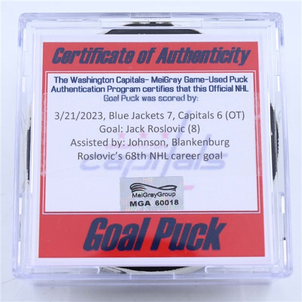 Jack Roslovic - Columbus Blue Jackets - Goal Puck - March 21, 2023 vs. Washington Capitals (Capitals Logo)