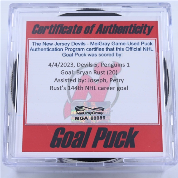 Bryan Rust - Pittsburgh Penguins - Goal Puck - April 4, 2023 vs. New Jersey Devils (Devils 40th Anniversary Logo)