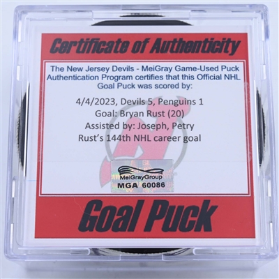 Bryan Rust - Pittsburgh Penguins - Goal Puck - April 4, 2023 vs. New Jersey Devils (Devils 40th Anniversary Logo)