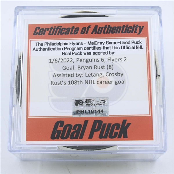 Bryan Rust - Pittsburgh Penguins - Goal Puck - January 6, 2022 vs. Philadelphia Flyers (Flyers Logo)