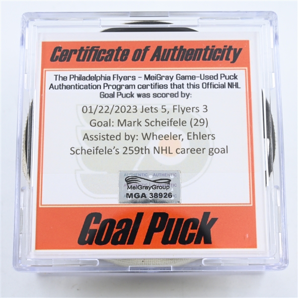 Mark Scheifele - Winnipeg Jets - Goal Puck -  January 22, 2023 vs. Philadelphia Flyers (Flyers Logo)