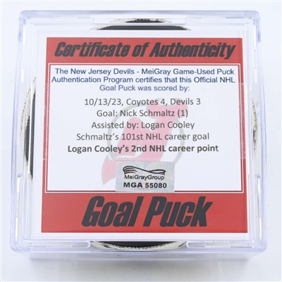 Nick Schmaltz - Arizona Coyotes - Goal Puck - October 13, 2023 vs. New Jersey Devils (New Jersey Devils Logo)