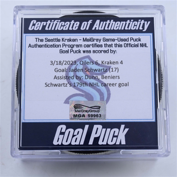 Jaden Schwartz - Seattle Kraken - Goal Puck - March 18, 2023 vs. Edmonton Oilers (Kraken Logo)