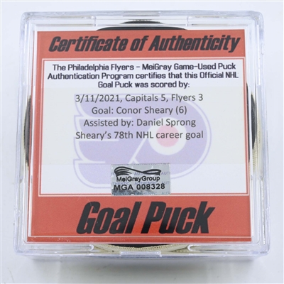 Conor Sheary - Washington Capitals - Goal Puck - March 11, 2021 vs. Philadelphia Flyers (Flyers Logo)