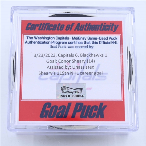 Conor Sheary - Washington Capitals - Goal Puck - March 23, 2023 vs. Chicago Blackhawks (Capitals Logo)