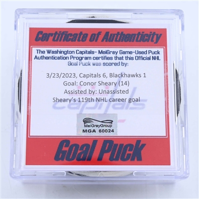 Conor Sheary - Washington Capitals - Goal Puck - March 23, 2023 vs. Chicago Blackhawks (Capitals Logo)