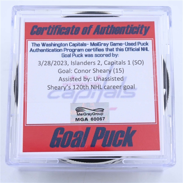 Conor Sheary - Washington Capitals - Goal Puck - March 28, 2023 vs. New York Islanders (Capitals Logo)