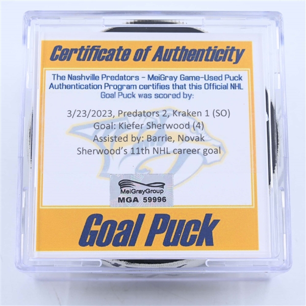 Kiefer Sherwood - Nashville Predators - Goal Puck - March 23, 2023 vs. Seattle Kraken (Kraken Logo)